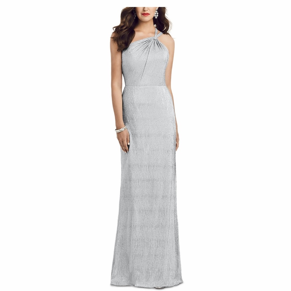 Dessy Collection Macys Silver Metallic Dress Size 8 Maxi, Black Tie Wedding NWOT